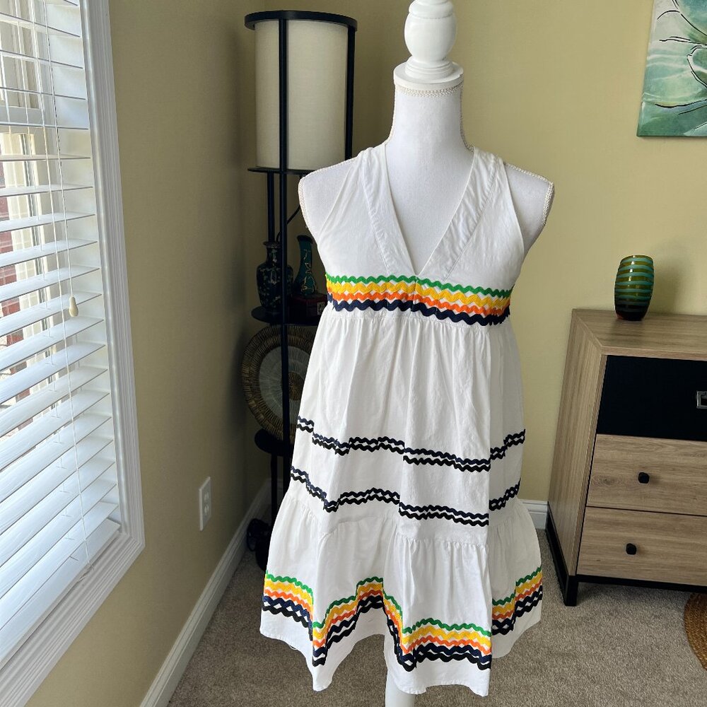 Eri + Ali White Multi Colored Bordered A-Line Dress Navy Blue Yellow Green